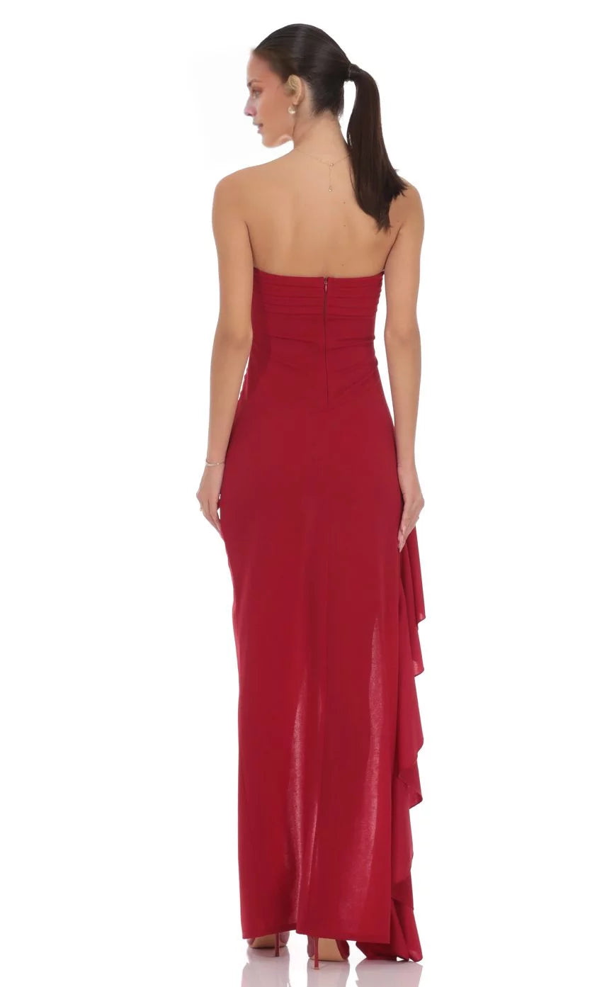 Elegant Sheath Strapless Ruched Ruffled-Slit High-Low Prom Dress