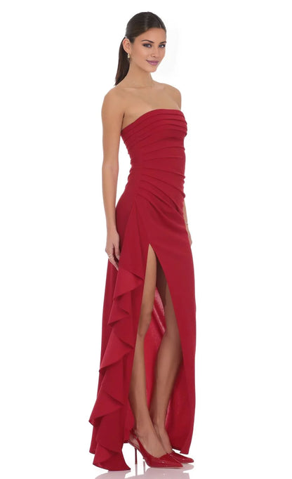 Elegant Sheath Strapless Ruched Ruffled-Slit High-Low Prom Dress
