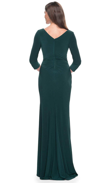 Elegant Sheath V Neck Three Quarter Sleeves Ruched V Back Floor Length Mother of the Bride Dress