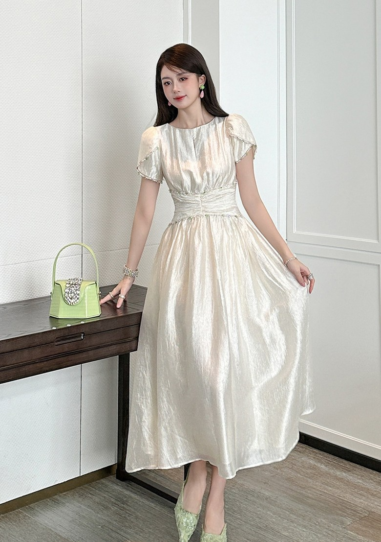 Elegant Shimmer A Line Round Neck Beaded Trim Puff Sleeve Back Zip Midi Evening Dress