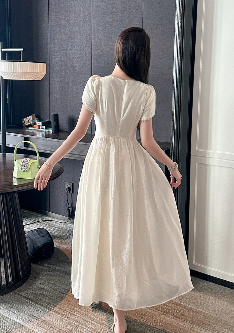 Elegant Shimmer A Line Round Neck Beaded Trim Puff Sleeve Back Zip Midi Evening Dress