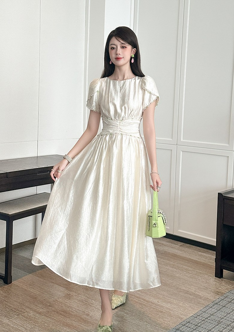 Elegant Shimmer A Line Round Neck Beaded Trim Puff Sleeve Back Zip Midi Evening Dress