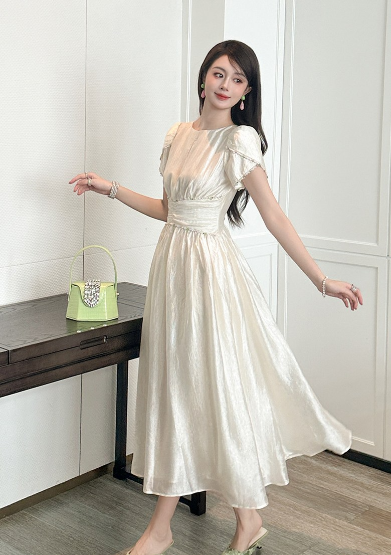 Elegant Shimmer A Line Round Neck Beaded Trim Puff Sleeve Back Zip Midi Evening Dress