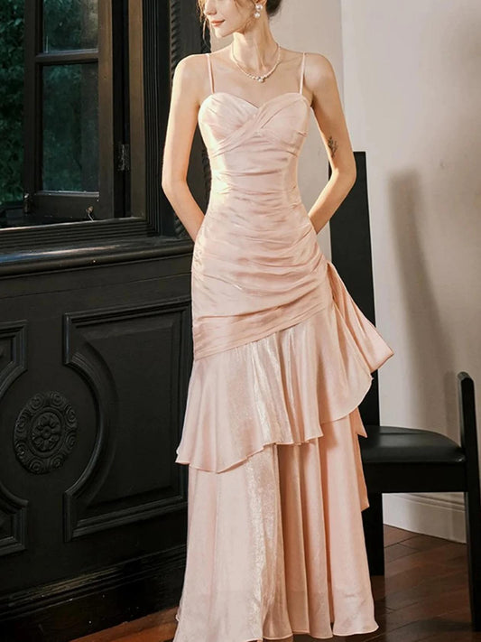 Elegant Shimmer Mermaid Spaghetti Strap Ruched Tiered Floor-Length Prom Dress