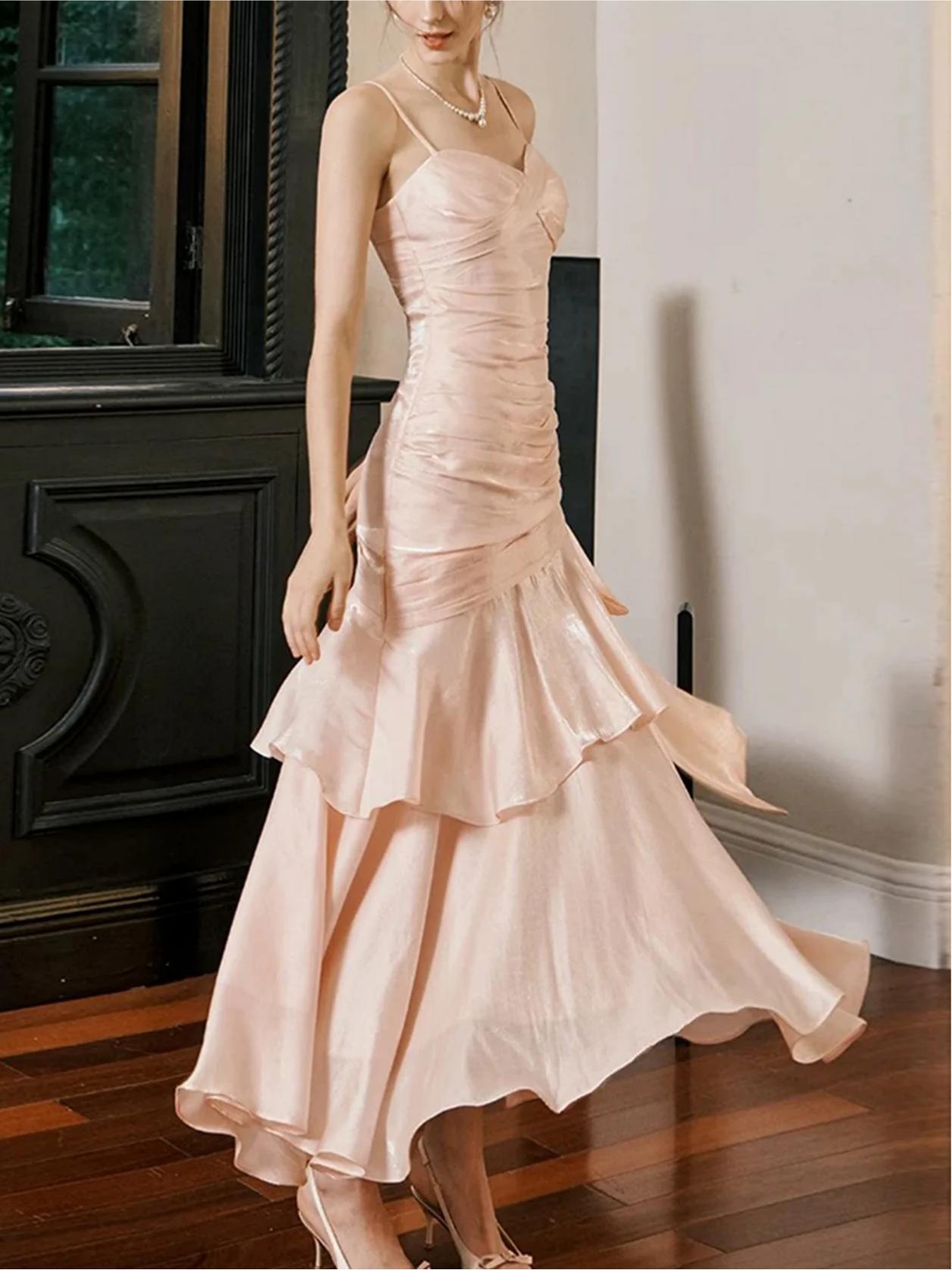 Elegant Shimmer Mermaid Spaghetti Strap Ruched Tiered Floor-Length Prom Dress