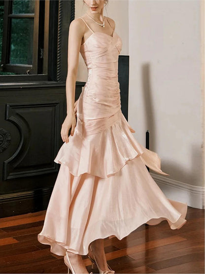 Elegant Shimmer Mermaid Spaghetti Strap Ruched Tiered Floor-Length Prom Dress