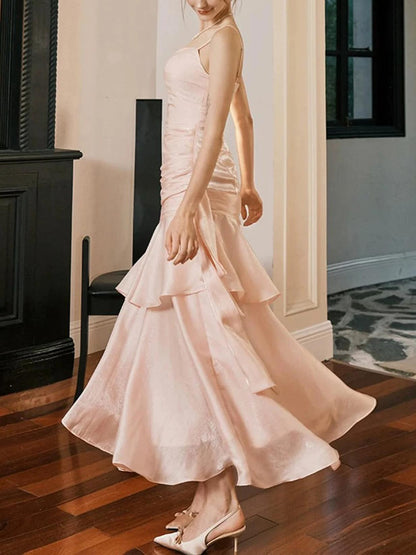 Elegant Shimmer Mermaid Spaghetti Strap Ruched Tiered Floor-Length Prom Dress