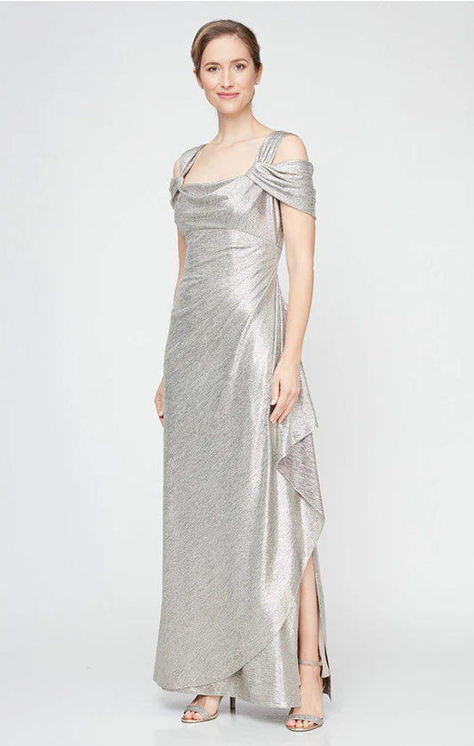 Elegant Silver Sheath Off The Shoulder Draped Sleeves Cowl Back Floor Length Mother of the Bride Dress