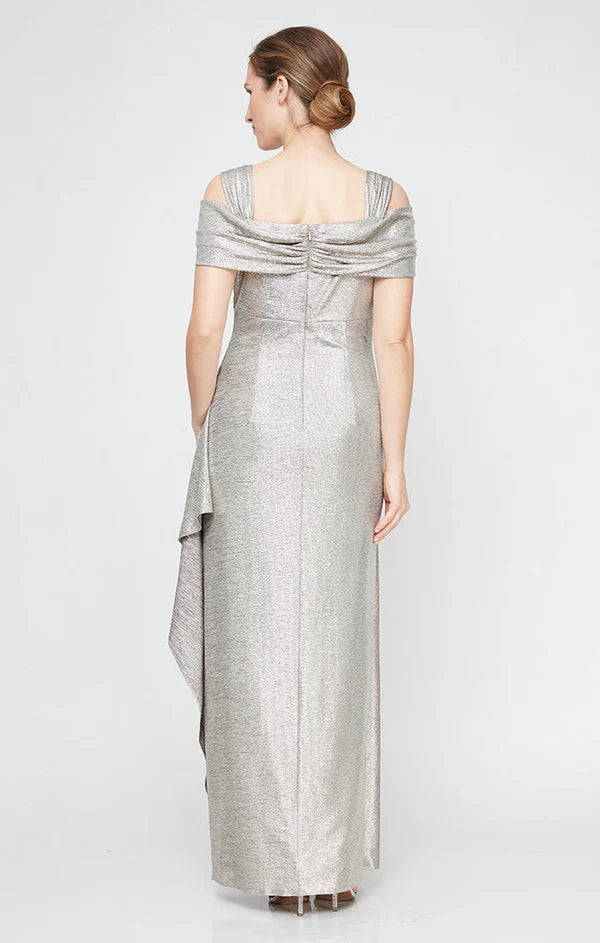 Elegant Sheath Off-Shoulder Draped Cowl Back Silver Floor-Length Mother of the Bride Gown