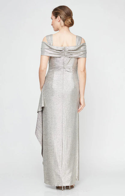 Elegant Sheath Off-Shoulder Draped Cowl Back Silver Floor-Length Mother of the Bride Gown