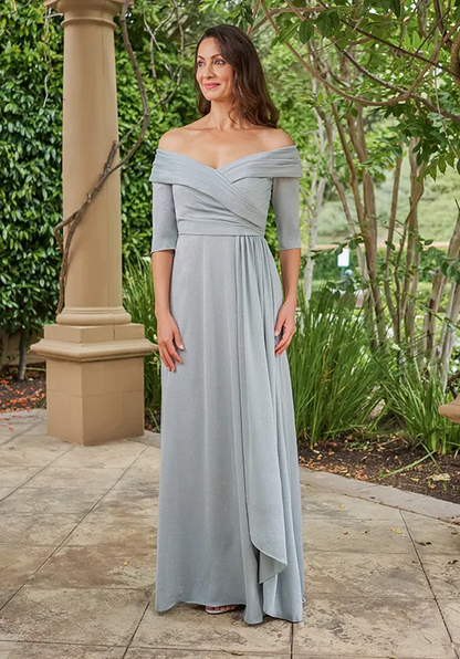 Elegant Silver Shimmer Off-the-Shoulder 3/4 Sleeve Draped Waist Floor-Length Mother of the Bride Dress