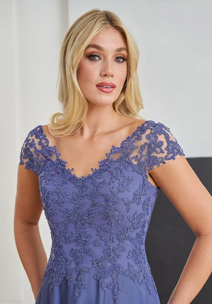 Elegant Slate Blue Lace & Chiffon A-Line V-Neck Cap Sleeve Floor-Length Mother of the Bride Dress