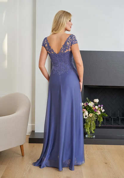 Elegant Slate Blue Lace & Chiffon A-Line V-Neck Cap Sleeve Floor-Length Mother of the Bride Dress
