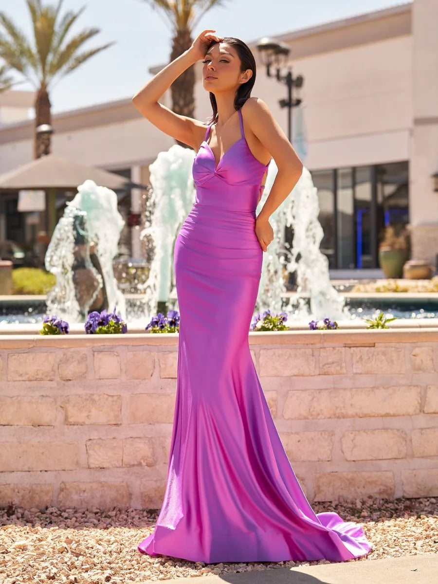 Elegant Sleek Glamorous Shimmering Satin Mermaid Silhouette Deep V-Neck Spaghetti Straps Lace-Up Crisscross Back Floor-Length with Sweep Train Prom Dress