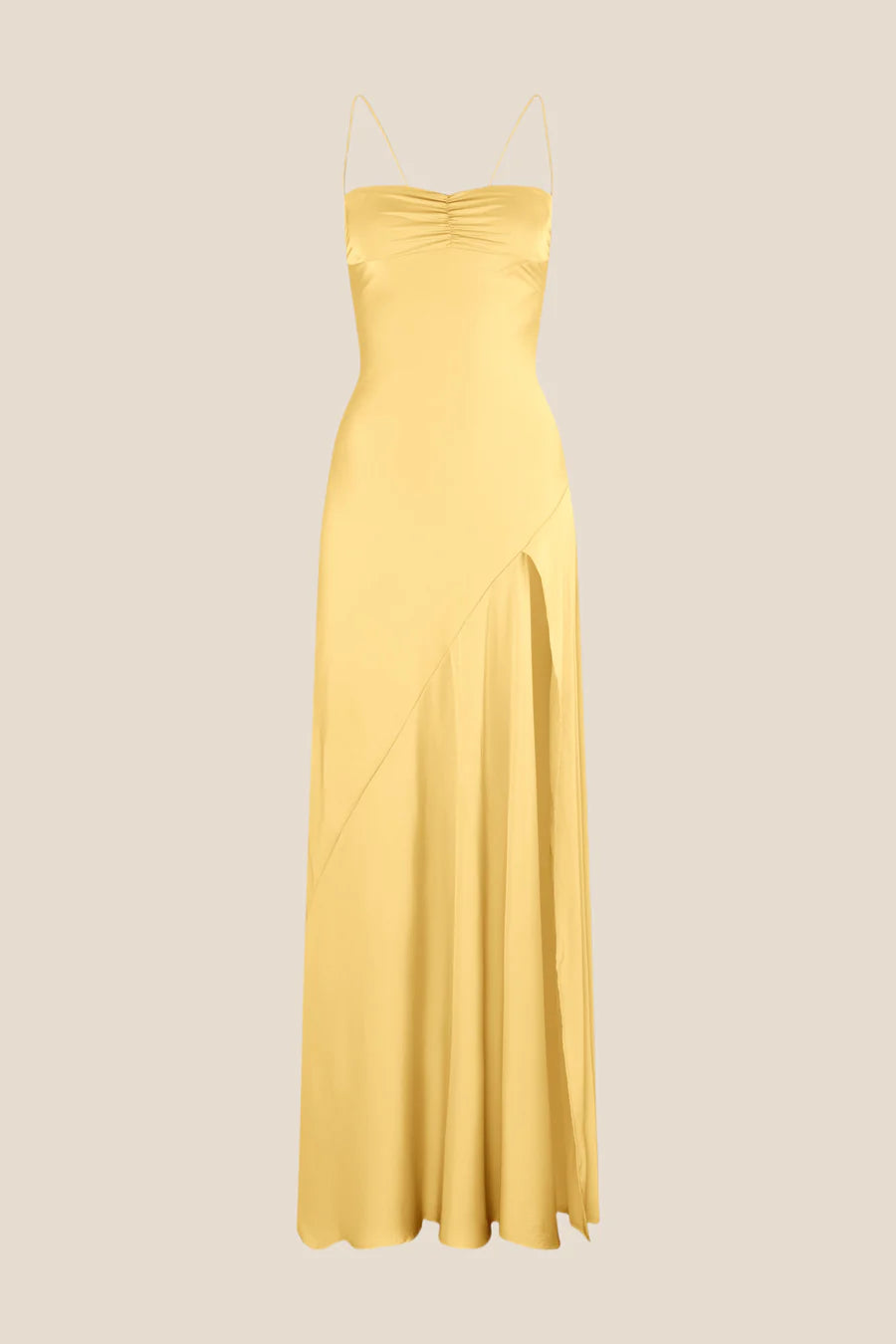 Elegant Satin Slip Ruched Sweetheart Spaghetti Strap Slit Floor Length Prom Dress