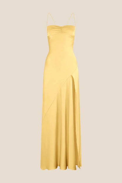 Elegant Satin Slip Ruched Sweetheart Spaghetti Strap Slit Floor Length Prom Dress