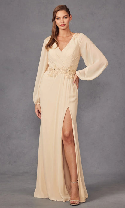 Elegant Sophisticated Timeless Fitted Sheath V-Neck Long Blouson Sleeve Back V-Cut High Slit Ruched Floor-Length Beaded Lace Chiffon Evening Dresses