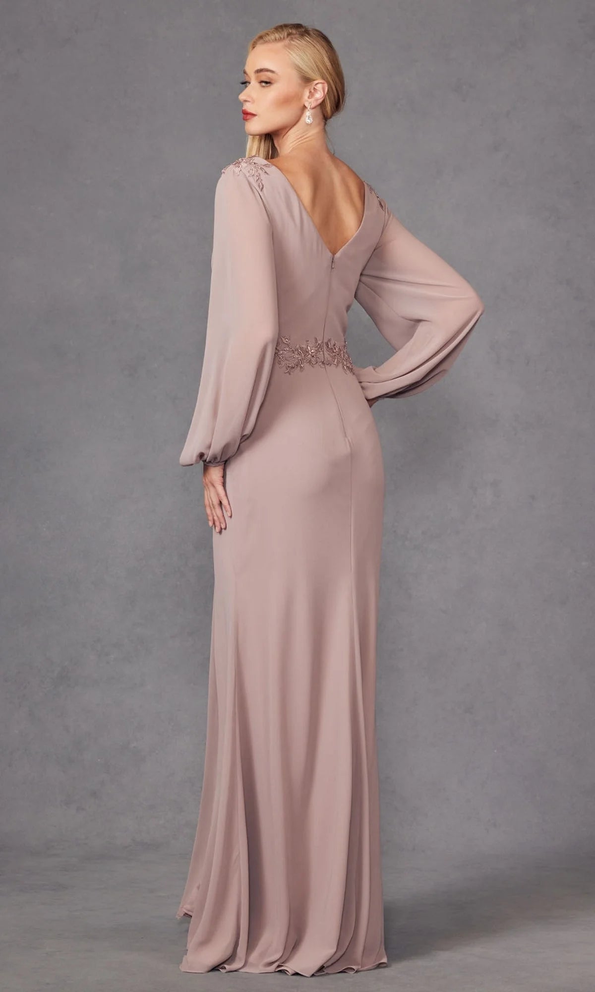 Elegant Sophisticated Timeless Fitted Sheath V-Neck Long Blouson Sleeve Back V-Cut High Slit Ruched Floor-Length Beaded Lace Chiffon Evening Dresses