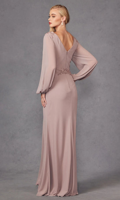 Elegant Sophisticated Timeless Fitted Sheath V-Neck Long Blouson Sleeve Back V-Cut High Slit Ruched Floor-Length Beaded Lace Chiffon Evening Dresses