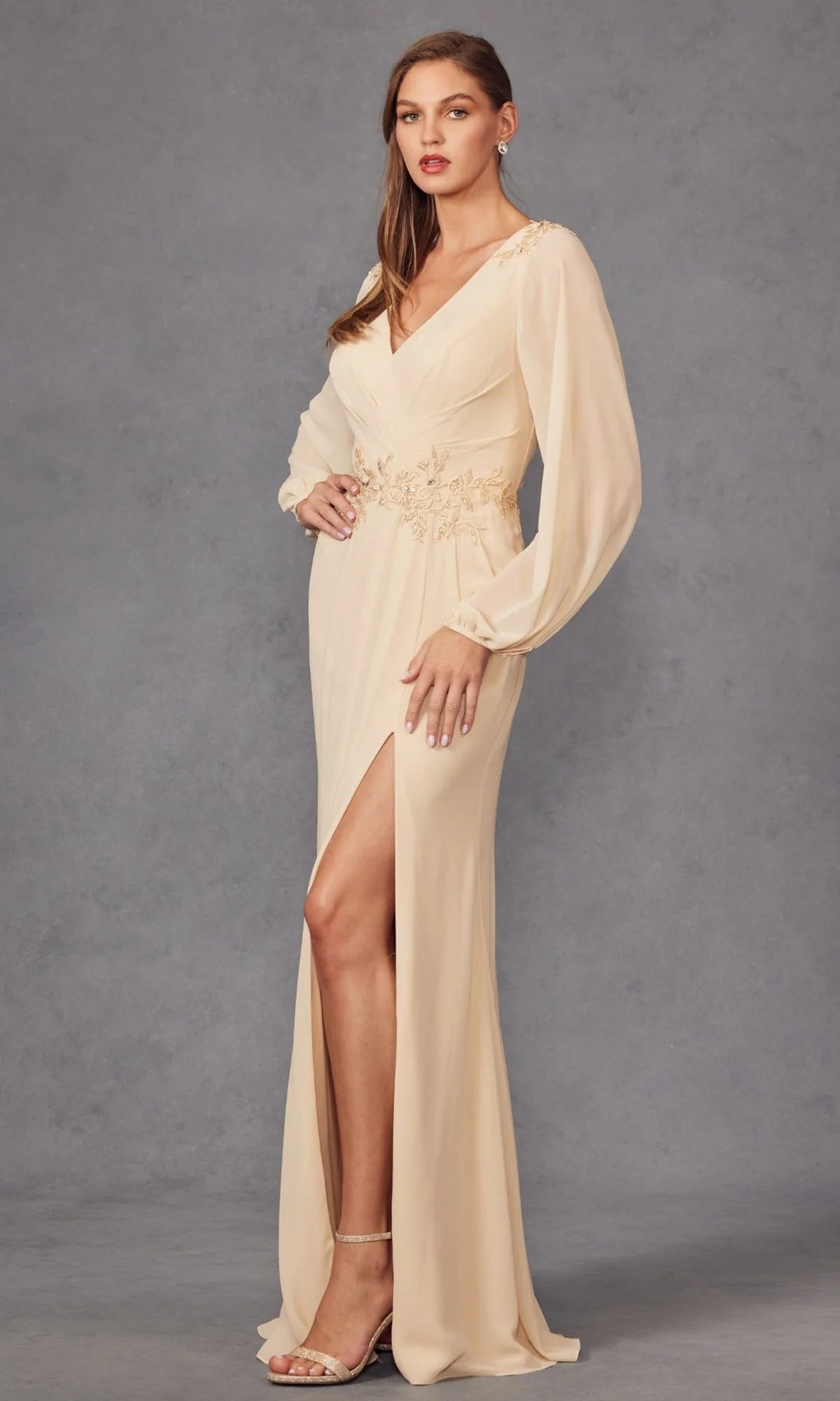Elegant Sophisticated Timeless Fitted Sheath V-Neck Long Blouson Sleeve Back V-Cut High Slit Ruched Floor-Length Beaded Lace Chiffon Evening Dresses