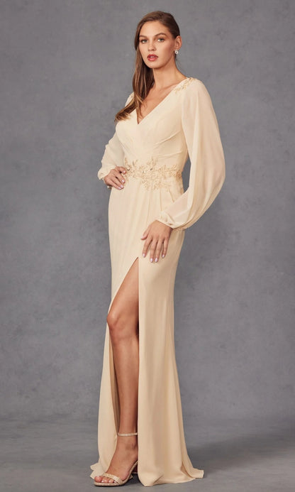 Elegant Sophisticated Timeless Fitted Sheath V-Neck Long Blouson Sleeve Back V-Cut High Slit Ruched Floor-Length Beaded Lace Chiffon Evening Dresses