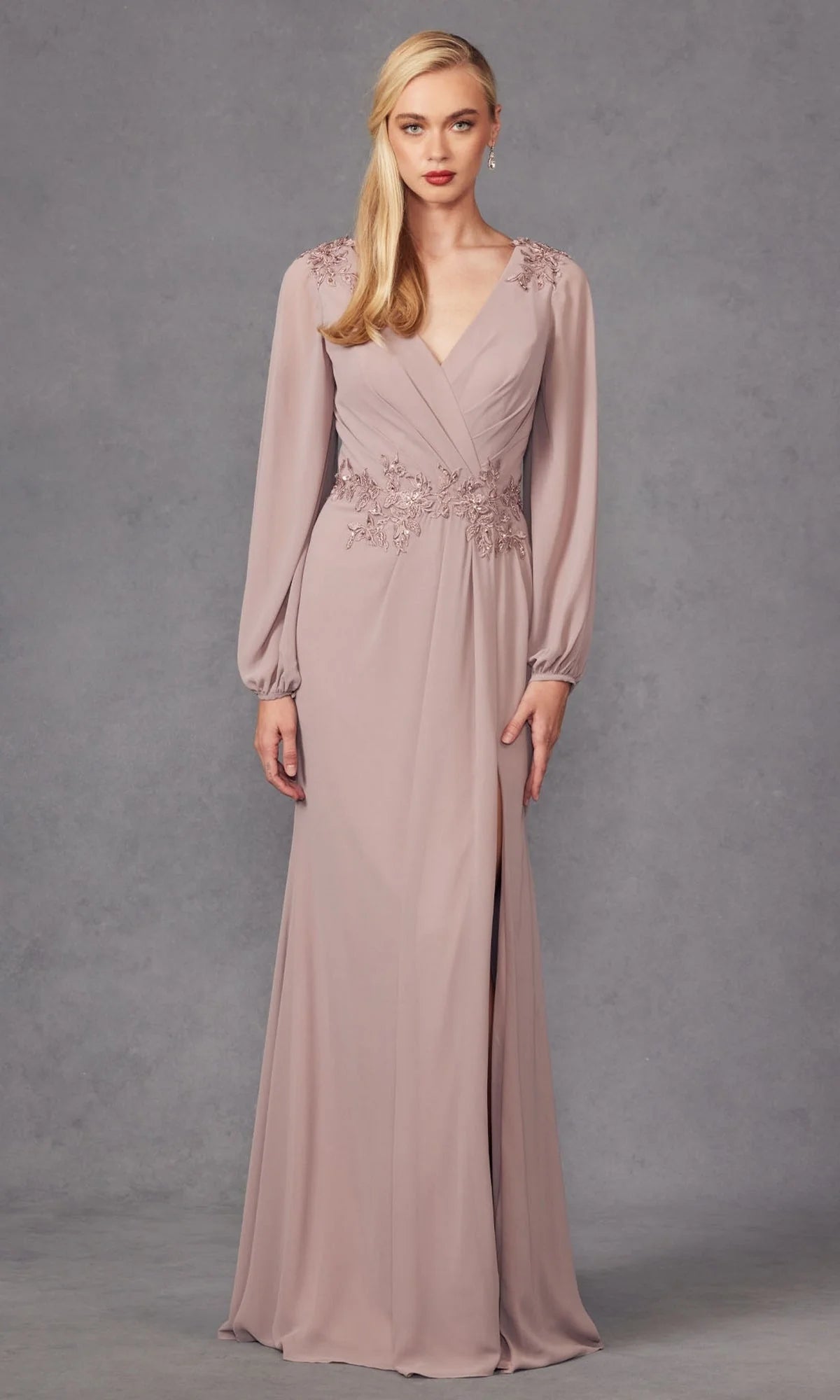 Elegant Sophisticated Timeless Fitted Sheath V-Neck Long Blouson Sleeve Back V-Cut High Slit Ruched Floor-Length Beaded Lace Chiffon Evening Dresses