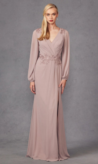 Elegant Sophisticated Timeless Fitted Sheath V-Neck Long Blouson Sleeve Back V-Cut High Slit Ruched Floor-Length Beaded Lace Chiffon Evening Dresses