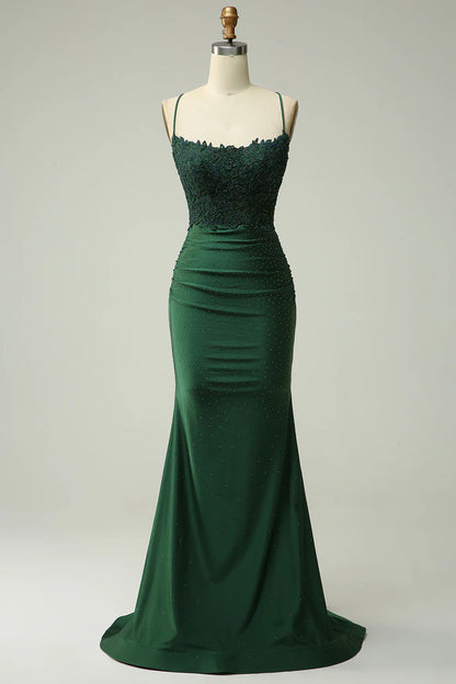 Elegant Spaghetti Strap Beaded Lace Backless Mermaid Prom Dresses with Sweeping Train