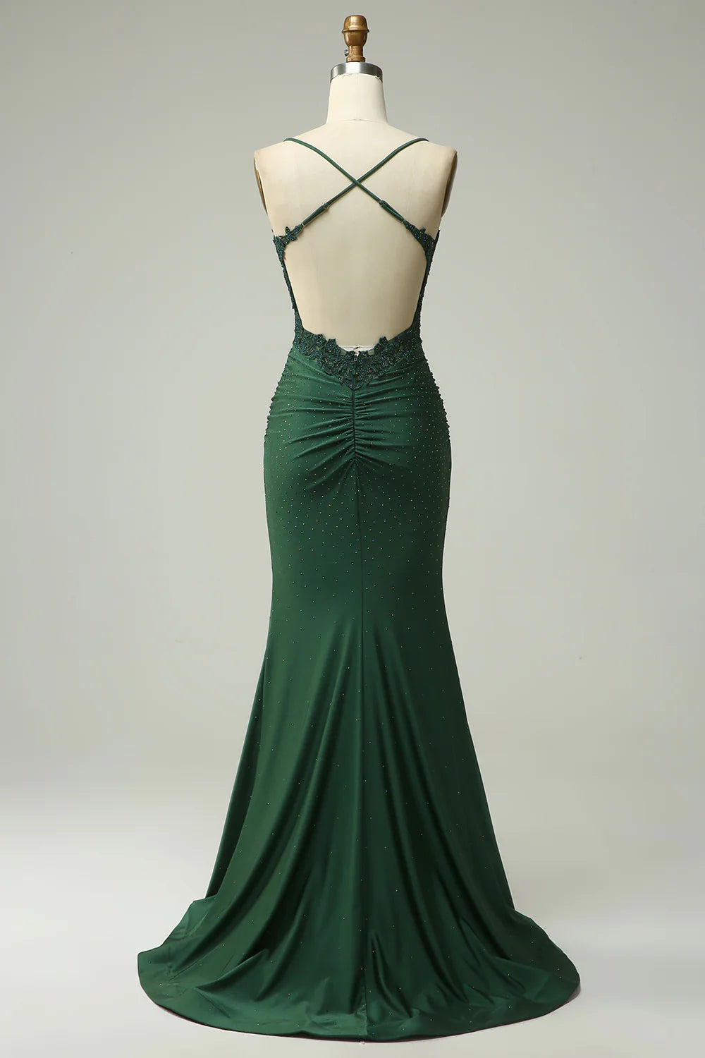 Elegant Spaghetti Strap Beaded Lace Backless Mermaid Prom Dresses with Sweeping Train