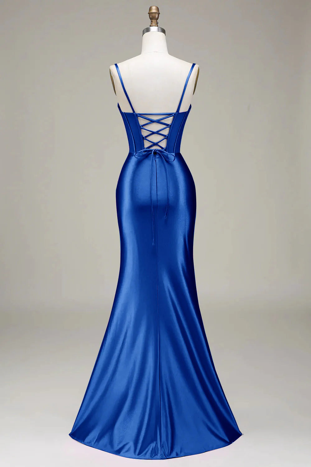 Elegant Spaghetti Strap Corset Ruched Satin Mermaid Prom Dresses with Lace-Up Back and High Slit