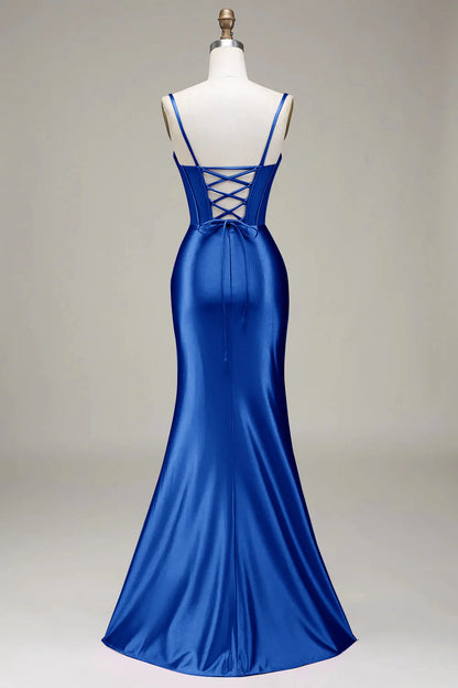 Elegant Spaghetti Strap Corset Ruched Satin Mermaid Prom Dresses with Lace-Up Back and High Slit