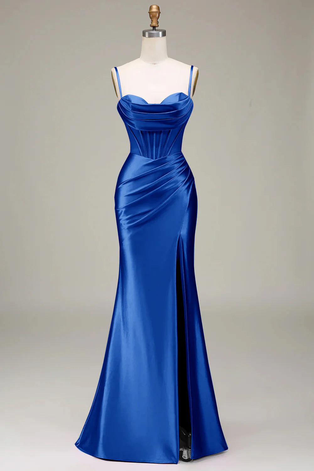 Elegant Spaghetti Strap Corset Ruched Satin Mermaid Prom Dresses with Lace-Up Back and High Slit