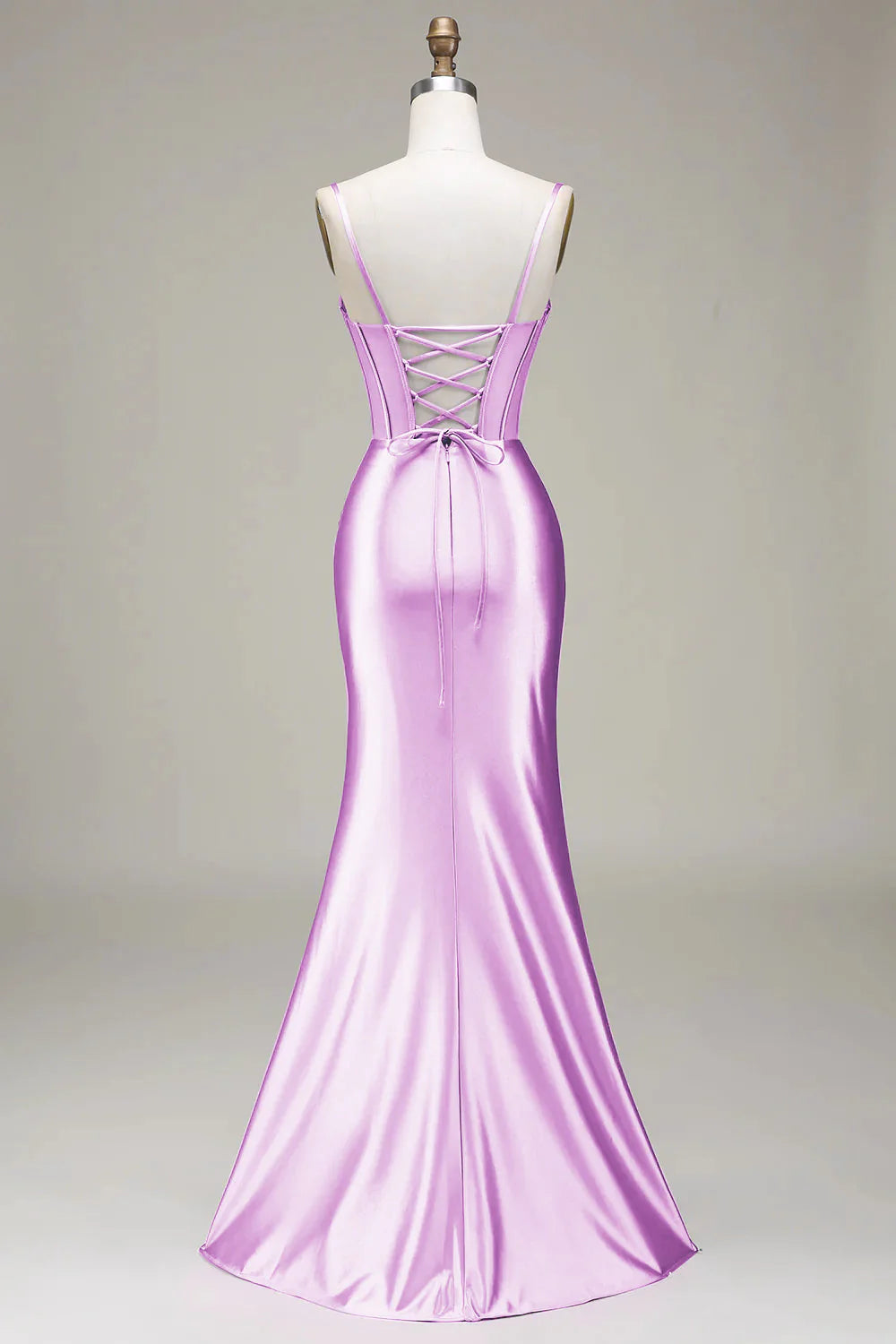 Elegant Spaghetti Strap Corset Ruched Satin Mermaid Prom Dresses with Lace-Up Back and High Slit