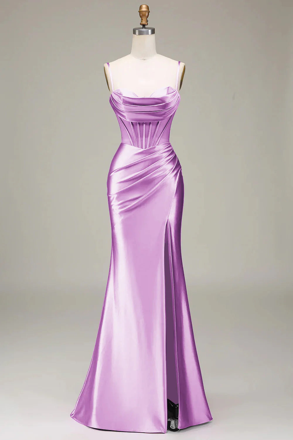 Elegant Spaghetti Strap Corset Ruched Satin Mermaid Prom Dresses with Lace-Up Back and High Slit