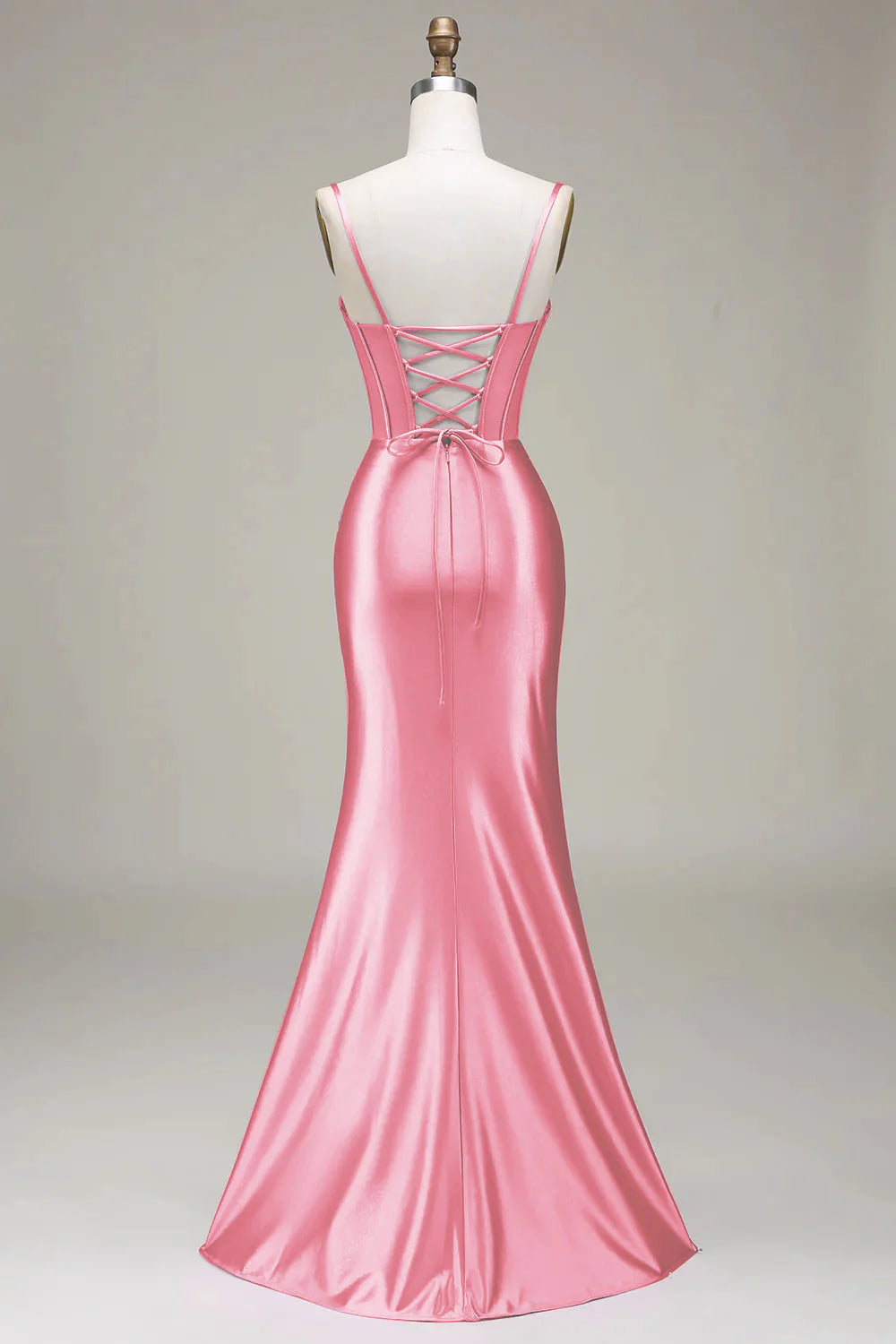 Elegant Spaghetti Strap Corset Ruched Satin Mermaid Prom Dresses with Lace-Up Back and High Slit