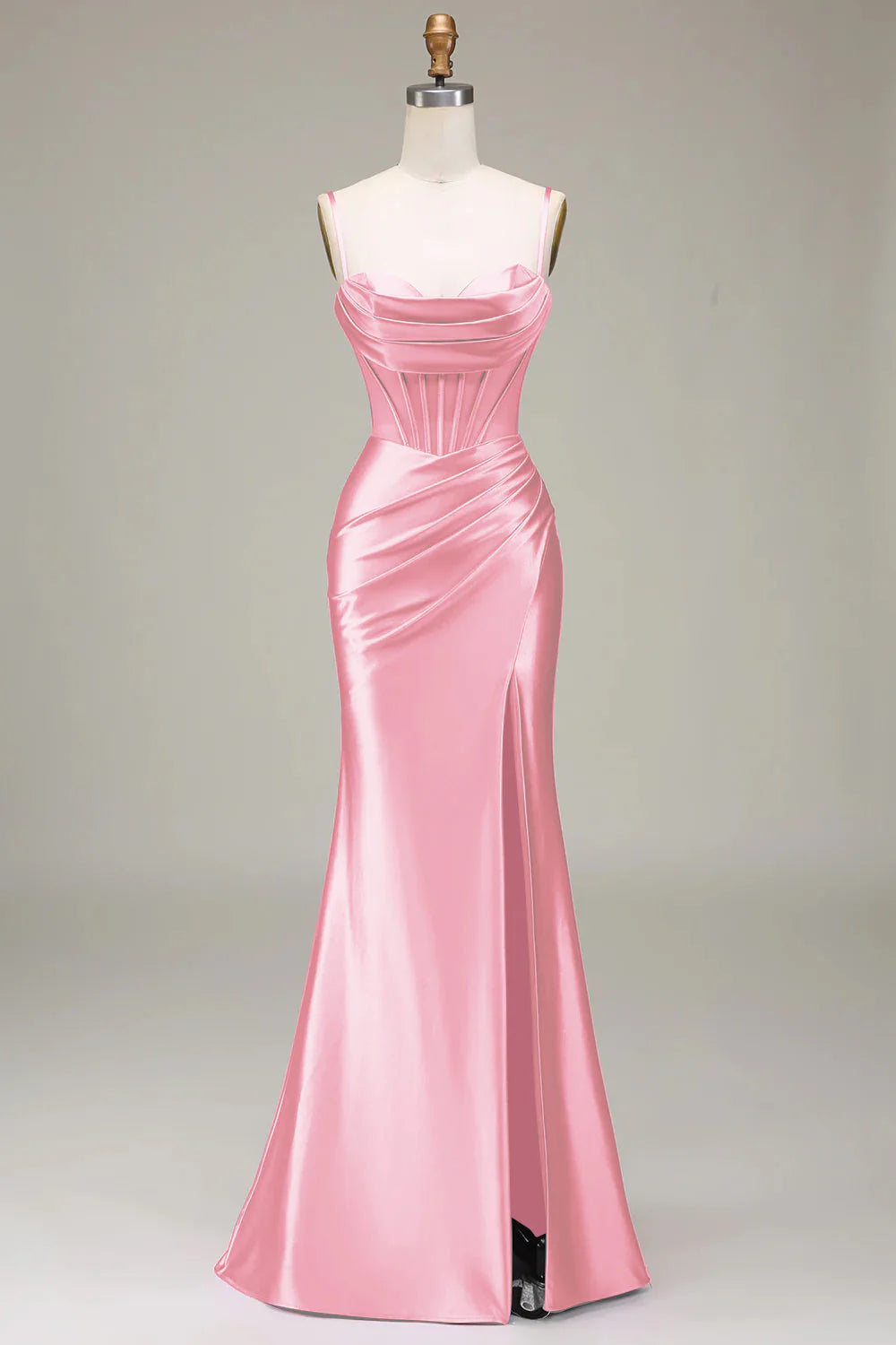 Elegant Spaghetti Strap Corset Ruched Satin Mermaid Prom Dresses with Lace-Up Back and High Slit