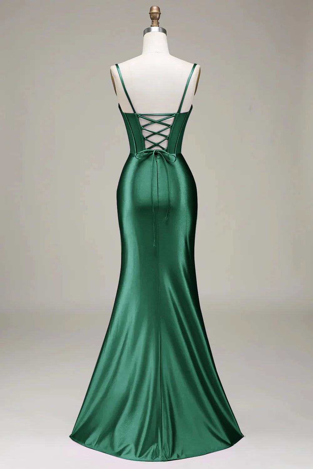 Elegant Spaghetti Strap Corset Ruched Satin Mermaid Prom Dresses with Lace-Up Back and High Slit