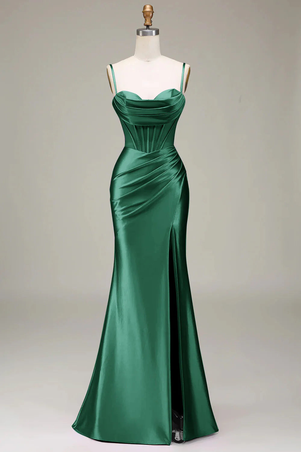Elegant Spaghetti Strap Corset Ruched Satin Mermaid Prom Dresses with Lace-Up Back and High Slit
