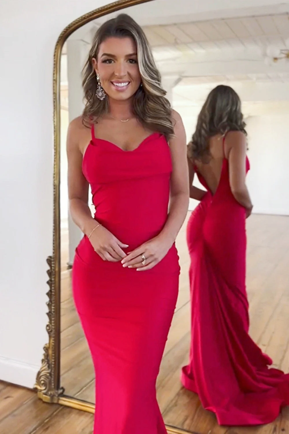 Elegant Spaghetti Strap Cowl Neck Ruched Mermaid Open Back Train Prom Dress