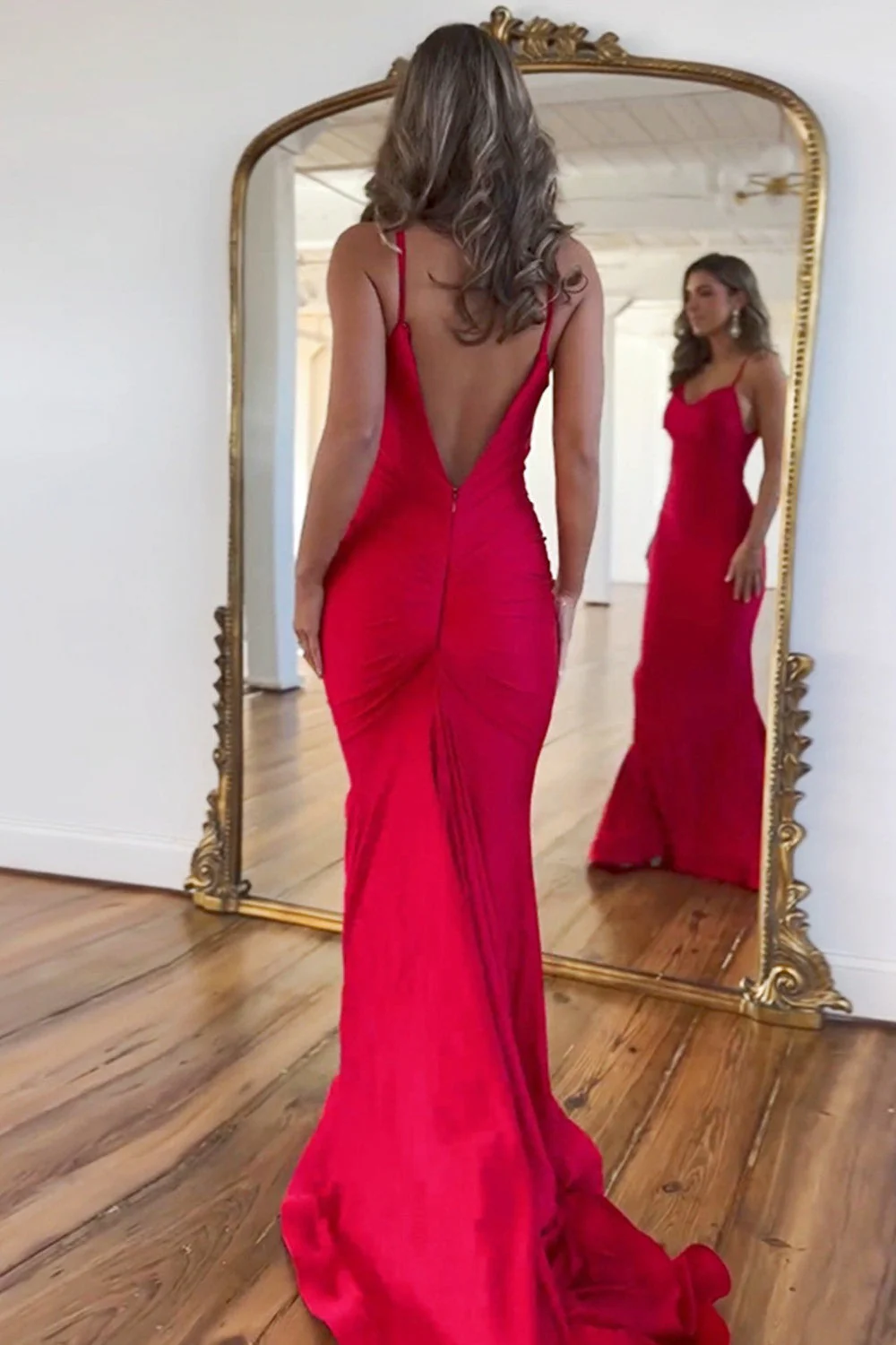 Elegant Spaghetti Strap Cowl Neck Ruched Mermaid Open Back Train Prom Dress