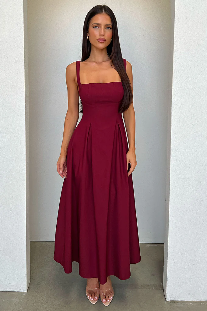 Elegant Square Neck Adjustable Straps Back Bow Tie Midi Evening Dress