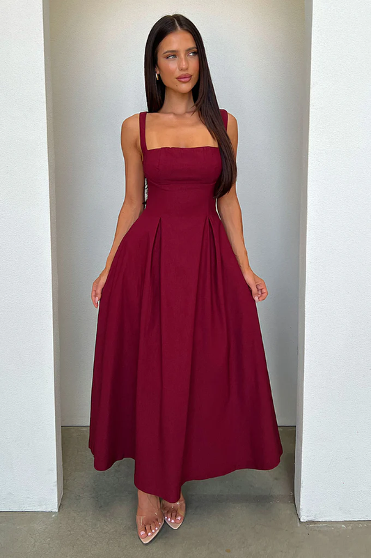 Elegant Square Neck Adjustable Straps Back Bow Tie Midi Evening Dress