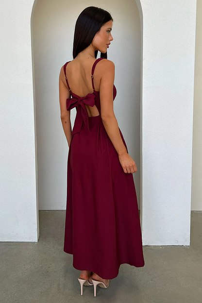 Elegant Square Neck Adjustable Straps Back Bow Tie Midi Evening Dress