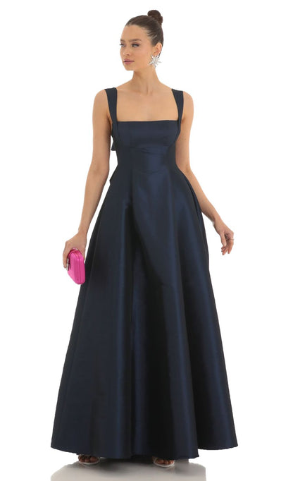 Elegant Square Neck Satin Evening Dress with Open Back Bow & A-Line Ball Gown Skirt