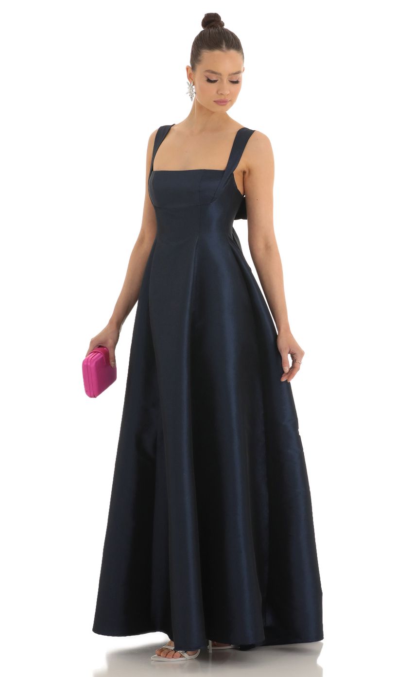Elegant Square Neck Satin Evening Dress with Open Back Bow & A-Line Ball Gown Skirt