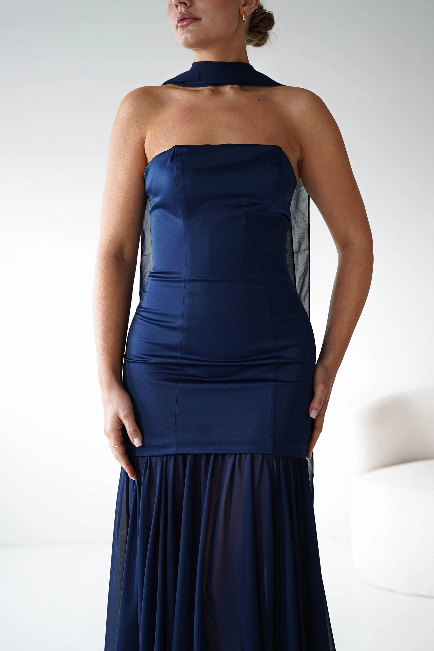 Elegant Strapless A-Line Satin Corset with Chiffon Neck Scarf Floor-Length Prom Dress