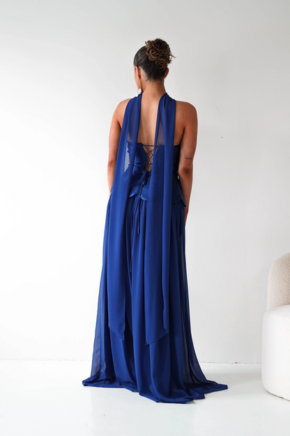 Elegant Strapless A-Line Satin Corset with Chiffon Neck Scarf Floor-Length Prom Dress