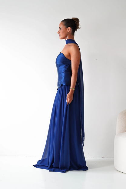 Elegant Strapless A-Line Satin Corset with Chiffon Neck Scarf Floor-Length Prom Dress