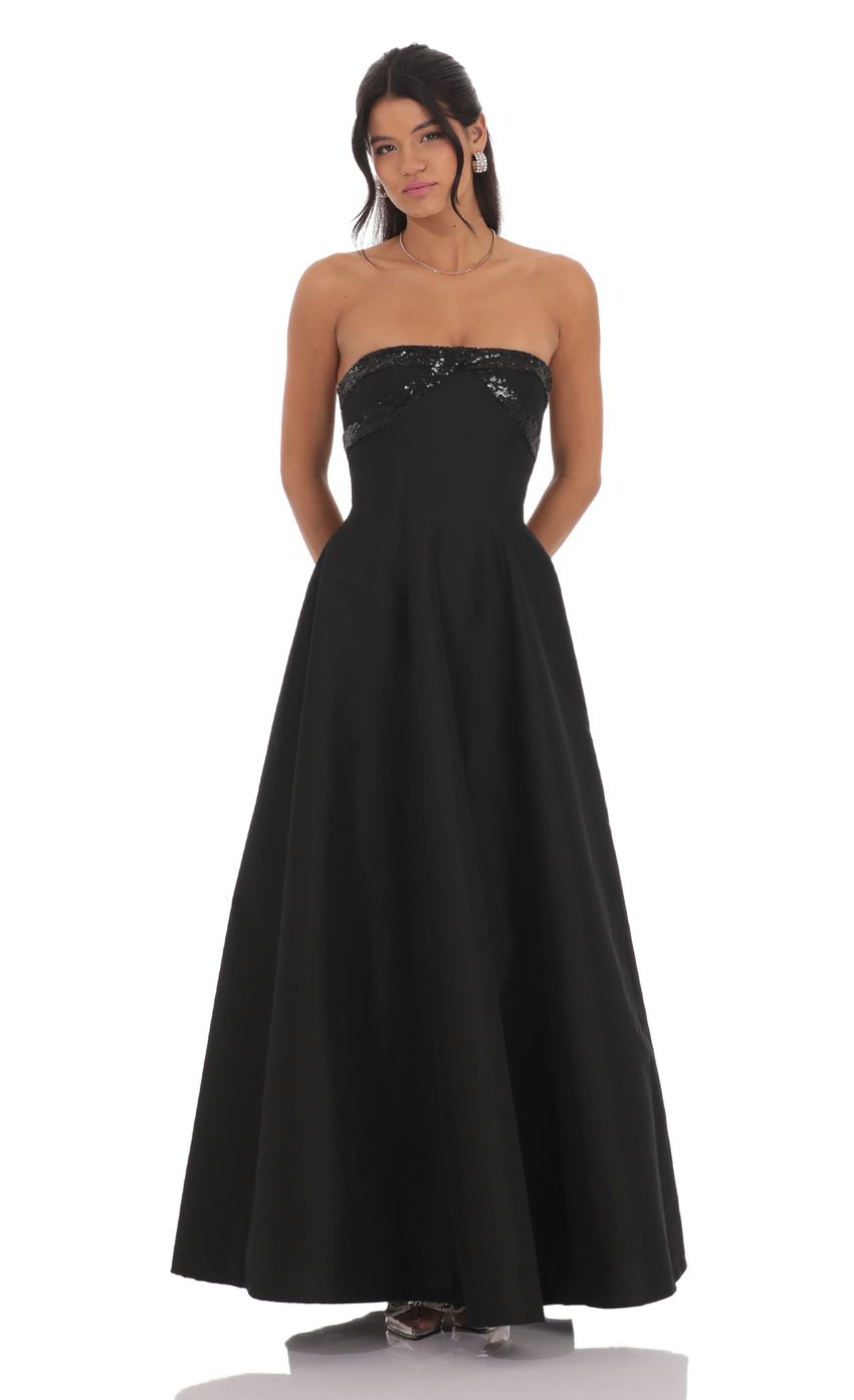 Elegant Strapless Black Satin Evening Dress with Sequin Bodice & Lace-Up Back