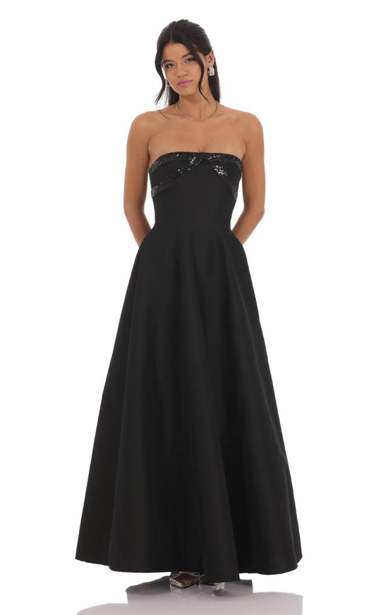 Elegant Strapless Black Satin Evening Dress with Sequin Bodice & Lace-Up Back